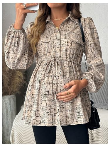 MakeMeChic Women's Maternity Blouse Long Sleeve Belted Button Down Tops - color: Khaki a, size: Medium