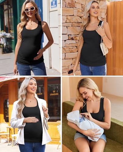 Ekouaer 4 Pack Maternity Tank Tops Ribbed Pregnancy Clothes Summer Outfit - color: Black/Light Khaki/Pink/White, size: Small