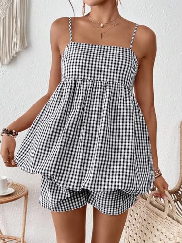 SweatyRocks Women Maternity 2 Piece Outfits Gingham Cami Top Shorts Sets - color: Black and White, size: X-Large