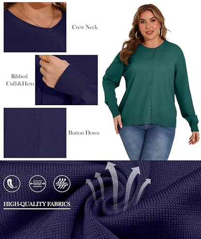 OLRIK Plus Size Long Sleeve Crewneck Cardigan Classic Fall Knit - color: Cyan, size: 4X
