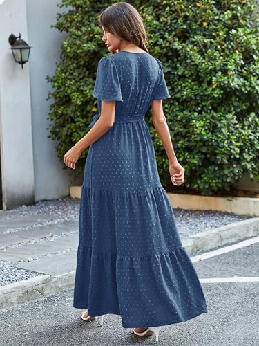 MASCOMODA Womens Summer Swiss Dot Maxi Dresses Wrap Boho Floral Long Dress - color: S-grey Blue, size: Medium