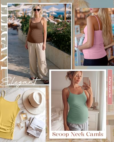 4 Pack Maternity Tank Tops - color: Peach Pink, Gray-green, Yellow, Coffee, size: Large