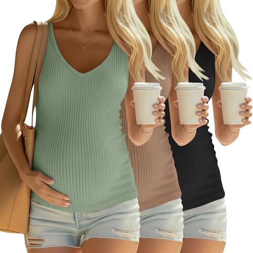 3 Pack Maternity Tank Tops Ribbed V Neck - color: Gray Green, Light Coffee, Black, size: Medium