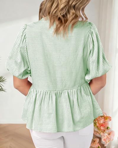 dowerme Women Lantern Sleeve Button Up Stripes Babydoll Tops - color: Green, size: Medium