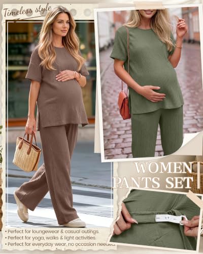 Ficerd 4 Pcs 100% Cotton Muslin Maternity Pajamas Lounge Sets - color: Army Green, Coffee, size: X-Large