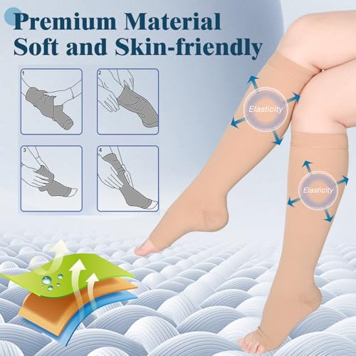 2 Pairs 20-30mmHg Knee High Compression Socks for Women, Open Toe - color: Beige, size: Medium