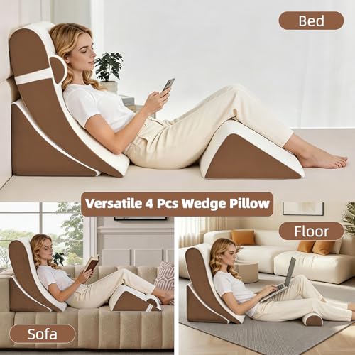 Wedge Pillow Set for After Surgery,White/Dark Brown,4PCS-22 - color: White/Dark Brown, size: 4PCS-22''