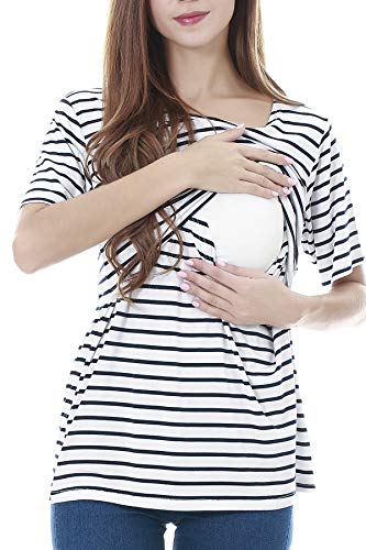 Smallshow Women's Maternity Nursing Tops Short Sleeve Breastfeeding Clothes - color: White Stripe/Black/Grey(3 Pack), size: Medium