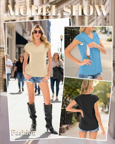 3 Pack Womens Nursing Tops V Neck - color: Blue, Apricot, Black, size: Large