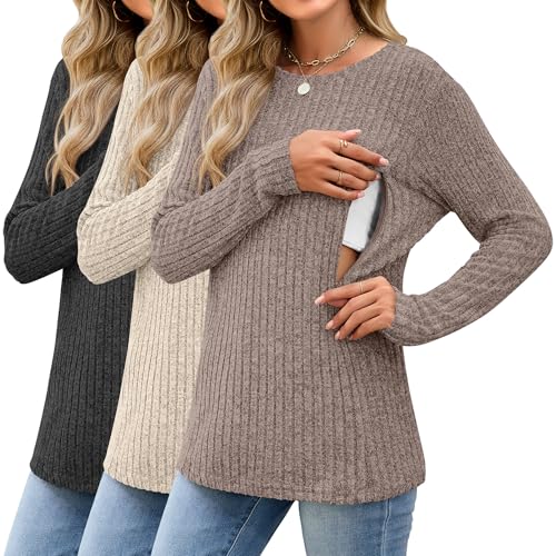 3 Pack Maternity Nursing Ribbed Long Sleeve Tops - color: Black, Apricot, Coffee, size: Small