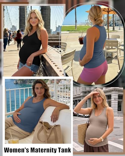 3 Pack Maternity Tank Tops Ribbed V Neck - color: Haze Blue, Khaki, Black, size: Medium