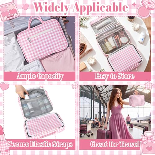 Klyyo Hanging Toiletry Bag for Women, Gingham, Pink - color: Pink