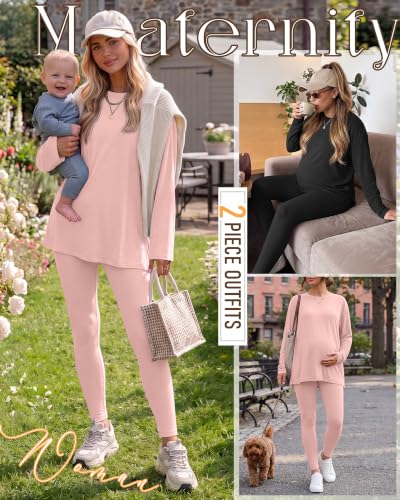 Neer 2 Pack Maternity Pajama Sets 2 Piece Outfits - color: Flesh Pink, Black, size: Medium