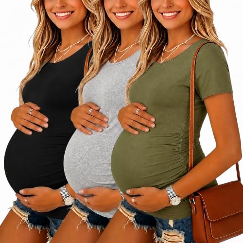 Liu & Qu 3 Pack Maternity Shirts for Women Summer Maternity Tops - color: 5.black/Grey/Army Green, size: Small