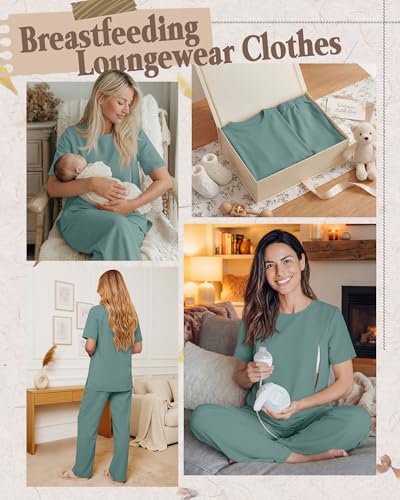 2Pc Postpartum Nursing Pajamas Set - color: Lake Green, size: X-Large