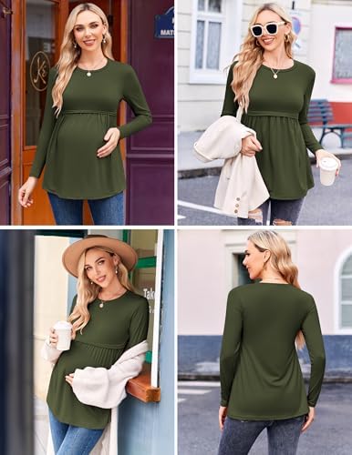 Ekouaer Maternity Shirts 3 Pack Pleated Long Sleeve Tops Pregnancy Clothes - color: Black/Pink/Green, size: Medium