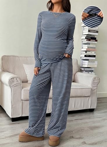 BLENCOT Maternity 2 Piece Outfits Striped Long Sleeve Pregnancy Set - color: Blue, size: Large