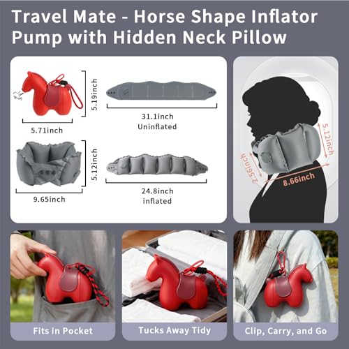 Inflatable Travel Neck Pillow Built-in Pump & Cute Storage Bag - color: Red