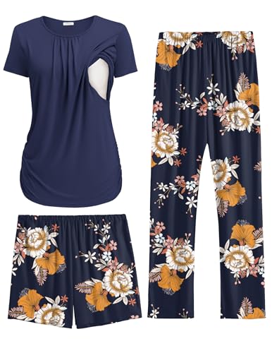 Ekouaer Maternity Nursing Pajamas Set 3 Piece Postpartum Breastfeeding Pjs - color: Floral Navy Blue, size: Medium
