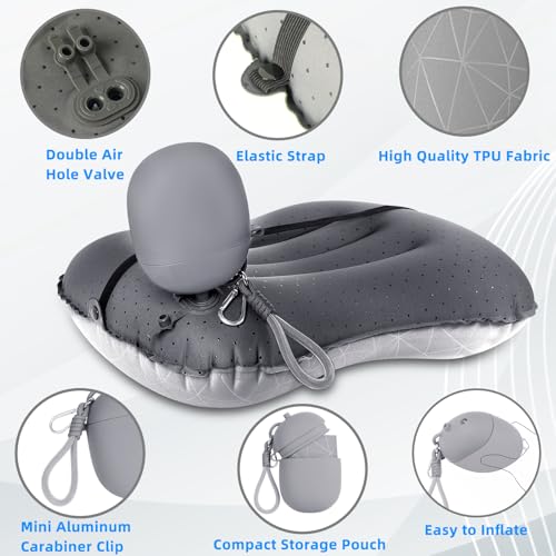 Crisonky Camping Pillow, Inflatable Pillow with 2-in-1 Air Pump Storage Bag - color: Grey