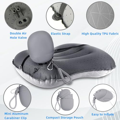 Crisonky Camping Pillow, Inflatable Pillow with 2-in-1 Air Pump Storage Bag - color: Grey