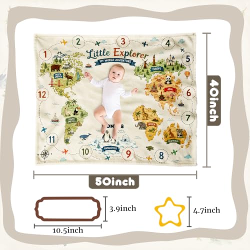 Little Explorer World Adventure Baby Milestone Blanket, Seven Continents Map Themed for 1-12 Months Newborn Boys and Girls Monthly Photo Prop 50"x40" Wrinkle Free Washable - color: Map