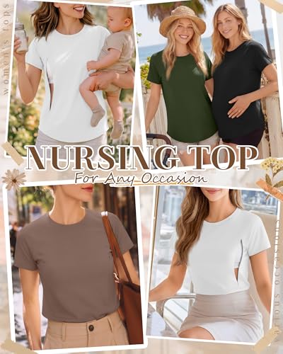 Huukeay 4 Pack Women's Nursing Breastfeeding T-Shirts - color: Army Green, Coffee, White, Black, size: Medium