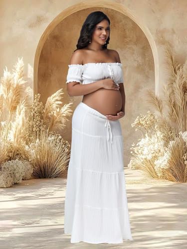 Maternity Boho 2 Piece Outfits Dress for Photoshoot Baby Shower - color: White, size: Large