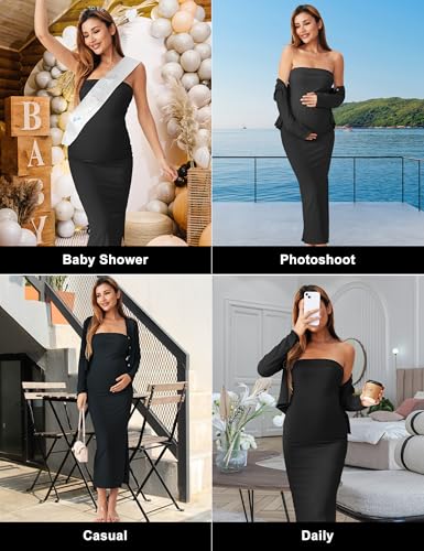 2 Piece Strapless Maternity Dress & Cardigan Set for Baby Shower - color: Black, size: Small
