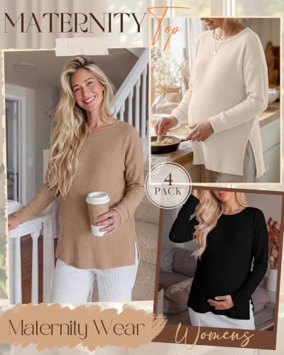 Xaatren 4 Pack Womens Maternity Long Sleeve Shirts Waffle Tops - color: Cream, Light Coffee, Coffee, Black, size: Small
