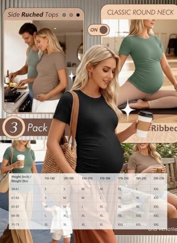 Ficerd 3 Pack Women's Short Sleeve Maternity Shirts - color: Black, Light Coffee, Gray Green, size: Large