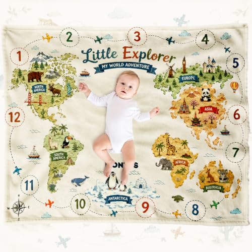 Little Explorer World Adventure Baby Milestone Blanket, Seven Continents Map Themed for 1-12 Months Newborn Boys and Girls Monthly Photo Prop 50"x40" Wrinkle Free Washable - color: Map