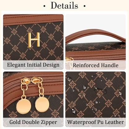 Initial Makeup Bag Personalized Gift for Women Teen Girls - color: Coffee, style: H