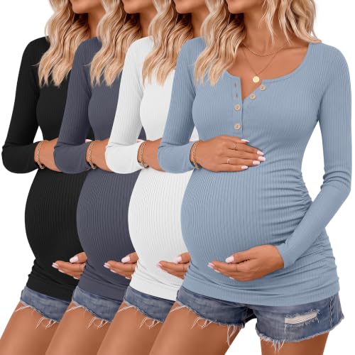4 Pack Maternity Long Sleeve Shirts Pregnancy Tops - color: Black, Dark Gray, White, Gray-blue, size: Small