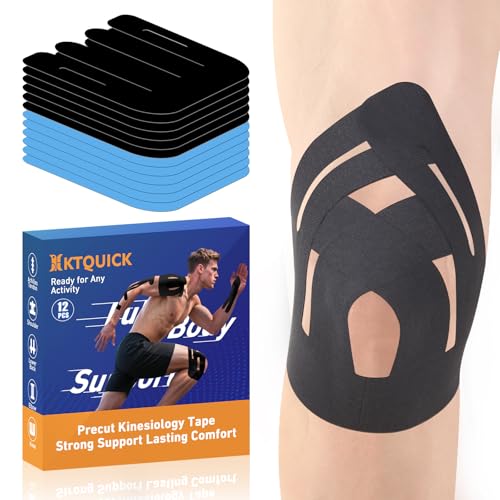 KTQUICK Precut Kinesiology Tape for Knees, 12PCS, 20% Stronger Black&Blue - color: Black&blue, size: 12PCS
