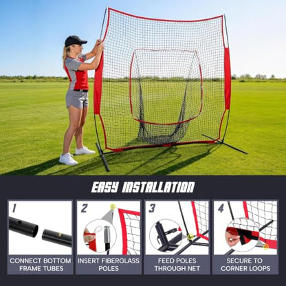 ZENY 5'x5' / 7'×7' Baseball Softball Practice Net Hitting Batting Catching Pitching Training Net with Carry Bag, Baseball Training Equipment - style: 7x7ft- White Strike Zone