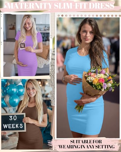 Riyiper 3 Pack Womens Maternity Short Sleeve Dresses - color: Light Blue, Light Purple, Coffee, size: Large