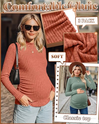 Neer 3 Pack Women's Maternity Mock Turtleneck Long Sleeve Tops - color: Caramel, Green, Black, size: X-Large