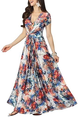 KOH KOH Womens Long Flowy Cap Sleeve Empire Waist Cocktail Maxi Dress Gown - color: Blue and Orange, size: Medium