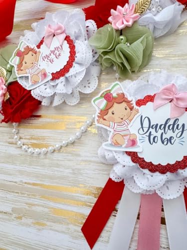 Strawberry Shortcake Baby Shower Sash & Pin Set – Mom-to-Be Party Accessories, Cute Dessert Theme