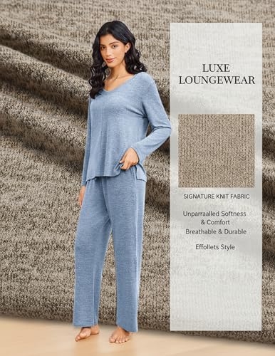 Ekouaer Fall Pajamas for Women Set Long Sleeve V Neck 2 Piece Lounge Sets - color: Light Blue, size: Small