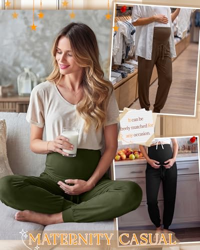 3 Pack Womens Maternity Pants Loose Pregnancy Joggers - color: Army Green, Light Coffee, Black, size: Small