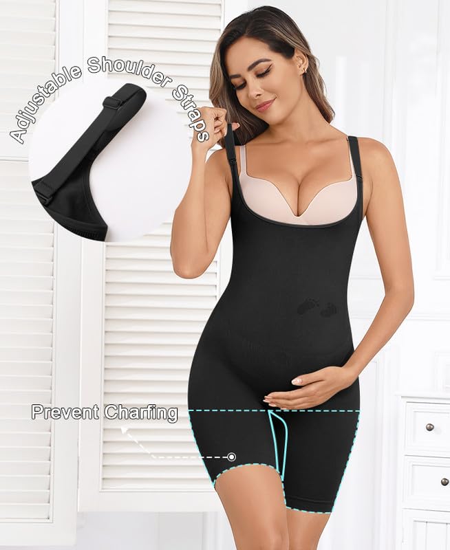 Women's Maternity Bodysuit Seamless Pregnancy Shapewear Shorts Under Dresses Belly Support Black Small