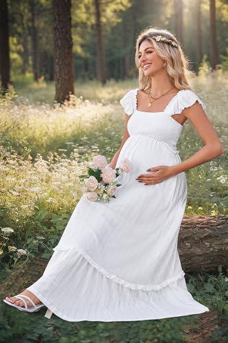 OUGES Women's Ruffle Sleeve Summer Baby Shower Maternity Photoshoot Dress - color: White, size: X-Large