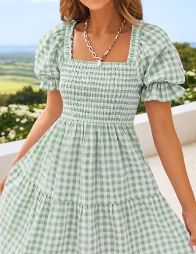ZESICA Women's Summer Boho Gingham Puff Sleeve Square Neck Beach Midi Dress - color: Green, size: Medium