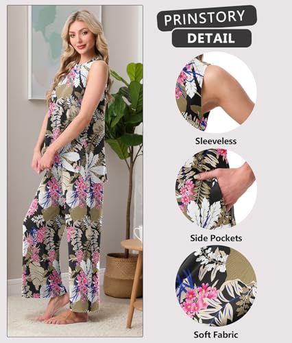 PrinStory Womens Pajamas Sets Sleeveless Pjs Set S-4XL - color: Fp-big Leaf Pink, size: Small