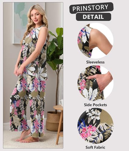 PrinStory Womens Pajamas Sets Sleeveless Pjs Set S-4XL - color: Fp-big Leaf Pink, size: 4X-Large