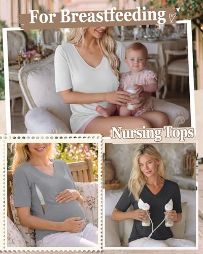 4 Pack Women Nursing Shirts Breastfeeding Tops - color: White, Light Gray, Dark Gray, Black, size: XX-Large