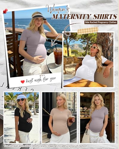 Huukeay 4 Pack Women's Short Sleeve Maternity Tops - color: Black, Grayish Purple, Khaki, White, size: Small