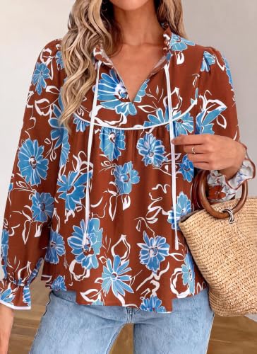 PRETTYGARDEN Women Boho Floral Babydoll Tunic Top - color: Brown White Blue, size: Medium